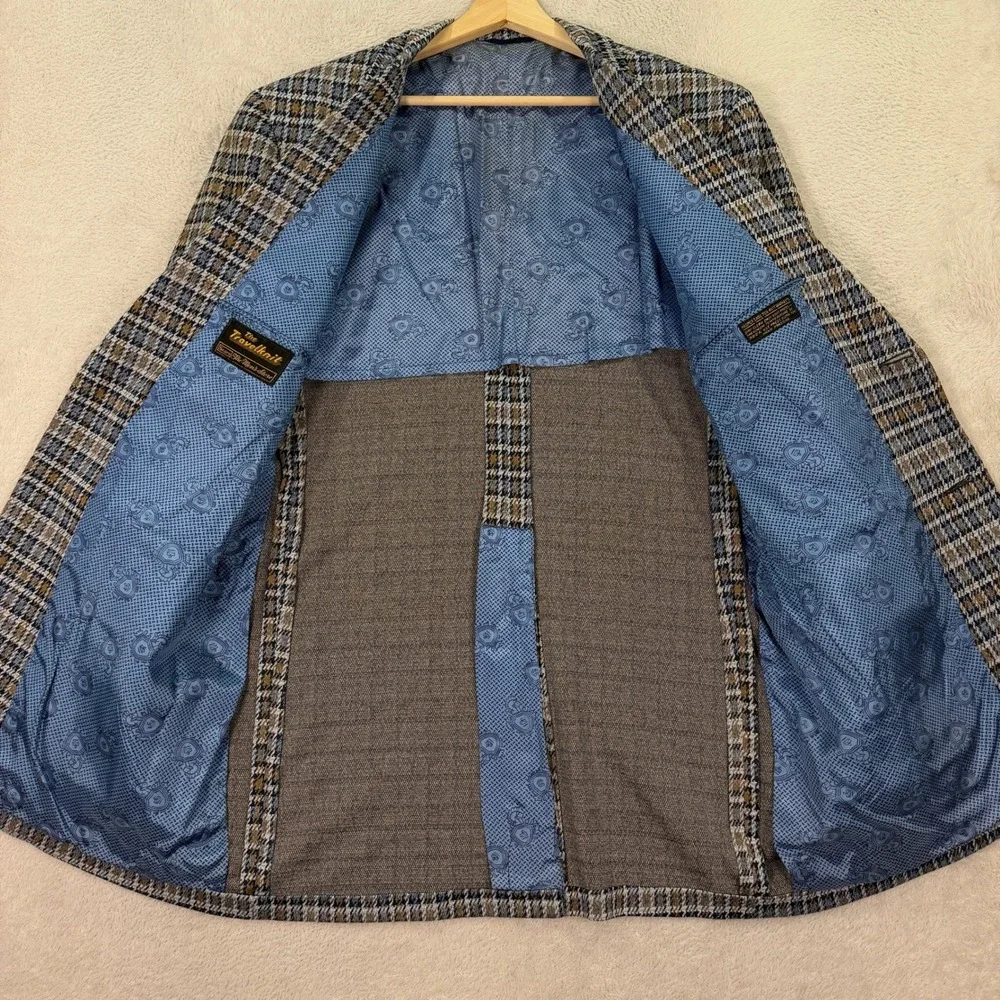 Vintage Sears Men 44XL Travelknit Blazer The Mens Store Blue Brown Plaid 70s USA